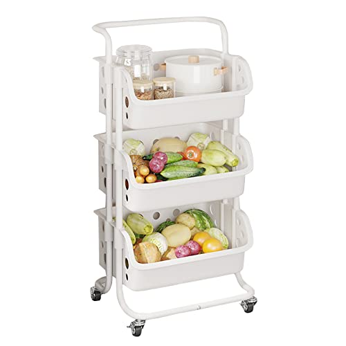 HJXGQJM 3 Tier groente opbergrek, wit PP materiaal opslag fruit en groenten rek, met wielen, rollende kar snack organizer rek, fruit en groenten opslag plank fruit en groente rack (kleur: