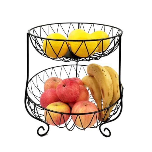 DTREEL 2-laags Fruitmand, Grote Fruitmand, Metalen Fruitschaal, Keukenaanrecht, Fruitrek, Houdt Fruit en Groenten Vers, Fruit- en Groentenopslag,Black