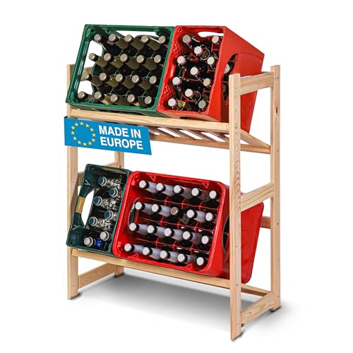 RELLINGER ® Drankrattenrek voor 4 kratten, geschikt voor alle soorten kratten, incl. extra plank, drankrek van FSC-gecertificeerd hout, stabiel en veilig kistenrek (zonder legplank)