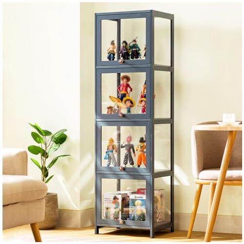 ZORZA Doorzichtige vitrinekast, Curio-kast met flipdeur, vitrine, hoge vitrinekast, opbergkast, staande transparante vitrine voor entree, woonkamer, 40 × 140 cm