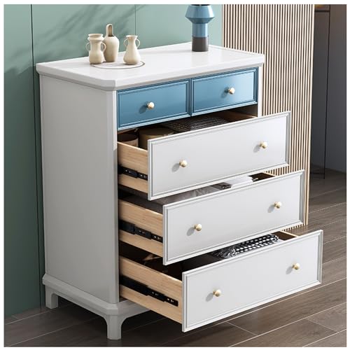 FICHET Witte dressoir voor slaapkamer, dressoir met 5 lades en brede laden en metalen handgrepen, houten dressoirs en ladekasten voor hal, entree, woonkamer, slaapkamer, blauwwit, 5 laden