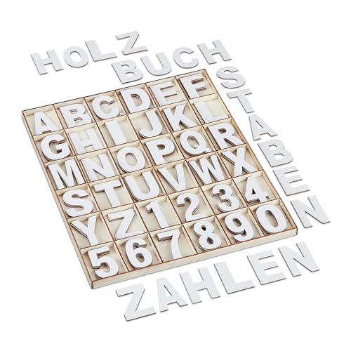 Relaxdays Houten letters en houten cijfers, 144-delige set, hoofdletters A-Z, cijfers 0-9, 5 cm, houtdecoratie om te knutselen, wit