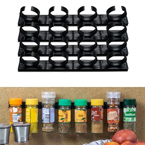 Your Day Mate Kruidenrek Grijperclips voor 16 kruidenpotten, 4 x 4 zwarte stroken voor kruidenshakers met 3.3 – 4.5 cm diameter en 150 gram, Organiser voor kruiden, Montage in keuken- en wandtegels, spiceracks wall