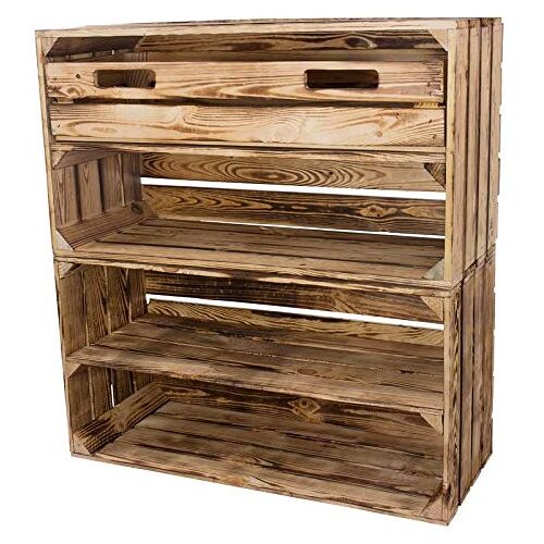 Obstkisten Online 2 x gevlamde Vinterior fruitkist 1 x met lade 1 x zonder 75 x 40 x 31 cm plank houten kisten hout wijnkisten appelkisten decoratie hal vintage