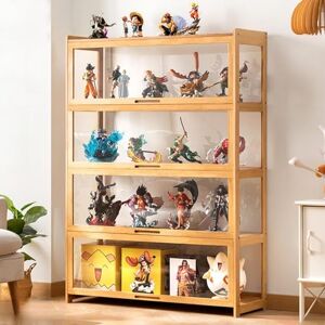 Gvqng 3/4/5-Tier Curio Display Cabinet, Kids Bookshelf and Bookcase, Display Case with Acrylic Cabinet Door, Flip Door Display Cabinet, Bamboo Storage Cabinet, Easy to Install,Log color,100 * 34 * 140cm