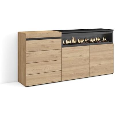 Skraut Home Ladekast, Commode Dressoir, 4 lades 157x75x35 cm Voor slaapkamer, kamer Elektrische haard Moderne stijl Eiken Skraut Home Ladekast, Commode Dressoir, 4 lades 157x75x35 cm Voor slaapkamer, kamer Elektrische haard Moderne stijl Eiken