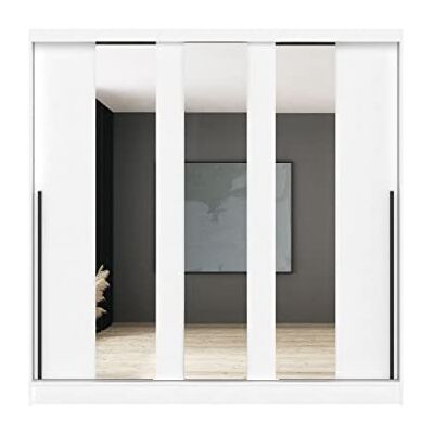 Oggi Aris Schuifkast met 3 deuren, met 3 spiegels, zonder laden, 6 legplanken, breedte 204 cm, hoogte 205 cm, modern, met laminaatplaat, voor woonkamer, slaapkamer, werkkamer, wit Oggi Aris Schuifkast met 3 deuren, met 3 spiegels, zonder laden, 6 legplanken, breedte 204 cm, hoogte 205 cm, modern, met laminaatplaat, voor woonkamer, slaapkamer, werkkamer, wit
