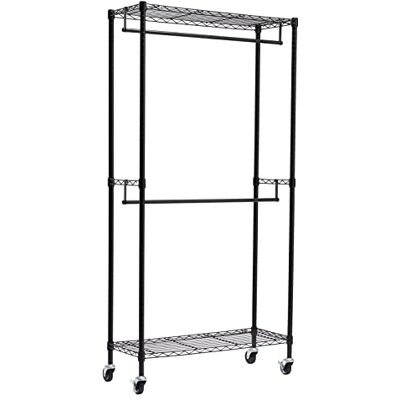 Amazon Basics Dubbele Stangen Kleerhangersysteem met Wielen - Zwart Amazon Basics Dubbele Stangen Kleerhangersysteem met Wielen - Zwart