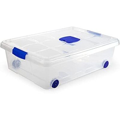 DRW Opbergdoos onder het bed van pvc, transparant, met deksel en wielen en mottenbescherming, 31 liter, 45 x 62 x 18 cm DRW Opbergdoos onder het bed van pvc, transparant, met deksel en wielen en mottenbescherming, 31 liter, 45 x 62 x 18 cm