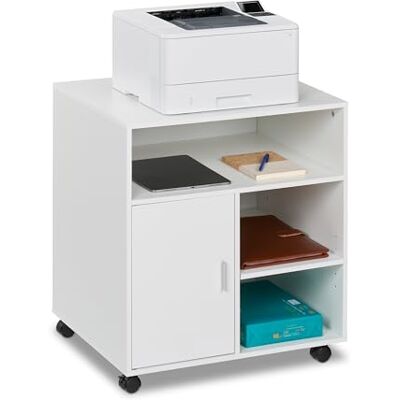 Relaxdays bureaukast op wielen, met 5 vakken, deur, kantoorkast, H x B x D: 66,5 x 60 x 50 cm, printertafel, wit Relaxdays bureaukast op wielen, met 5 vakken, deur, kantoorkast, H x B x D: 66,5 x 60 x 50 cm, printertafel, wit