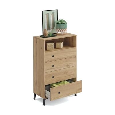 MUEBLES PITARCH Moderne commode met zwarte details, vier laden, metalen rails, 120 x 74, 5 x 40 cm (H x B x D), eiken goud MUEBLES PITARCH Moderne commode met zwarte details, vier laden, metalen rails, 120 x 74, 5 x 40 cm (H x B x D), eiken goud