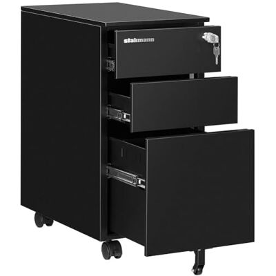 STAKMANN Commode met 3 laden van staal met sleutel, voor kantoor, werkkamer, kinderkamer, archiefkast met wielen, kast met slot en stang voor archiefkast en wielen (zwart) STAKMANN Commode met 3 laden van staal met sleutel, voor kantoor, werkkamer, kinderkamer, archiefkast met wielen, kast met slot en stang voor archiefkast en wielen (zwart)
