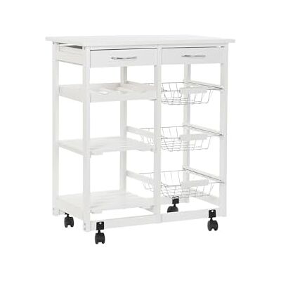 DRW Dubbele keukentrolley van wit hout met 2 laden, wijnrek, manden en planken, 67 x 37 x 79 cm DRW Dubbele keukentrolley van wit hout met 2 laden, wijnrek, manden en planken, 67 x 37 x 79 cm