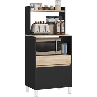 HOMCOM Magnetronkast, dressoir, keuken, 60 x 40 x 131 cm, eiken, zwart Met kast, lade, bovenste plank, magnetronmeubel, keuken, opslag, voor eetkamer, woonkamer HOMCOM Magnetronkast, dressoir, keuken, 60 x 40 x 131 cm, eiken, zwart Met kast, lade, bovenste plank, magnetronmeubel, keuken, opslag, voor eetkamer, woonkamer
