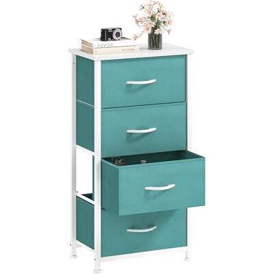 DWVO Ladecommode, stoffen commode, slaapkamerkast met 4 laden, dressoir voor slaapkamer, woonkamer met handgrepen, houten bovenkant en stevig stalen frame, groen DWVO Ladecommode, stoffen commode, slaapkamerkast met 4 laden, dressoir voor slaapkamer, woonkamer met handgrepen, houten bovenkant en stevig stalen frame, groen