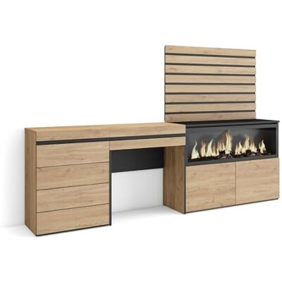 Skraut Home Kaptafel, Make-uptafel Toilettafel Met Opbergruimte 234x145x35 cm Met lade Elektrische haard XXL Ladekast, Commode Lamellenwand Hout Moderne stijl Eiken Skraut Home Kaptafel, Make-uptafel Toilettafel Met Opbergruimte 234x145x35 cm Met lade Elektrische haard XXL Ladekast, Commode Lamellenwand Hout Moderne stijl Eiken