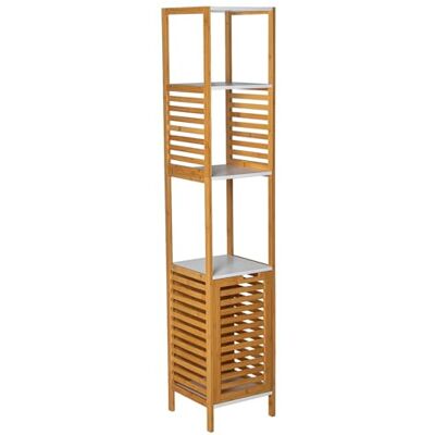 DRW Badkamerrek van hout met mand en 4 legplanken, wit en natuur, 30 x 30 x 155 cm DRW Badkamerrek van hout met mand en 4 legplanken, wit en natuur, 30 x 30 x 155 cm