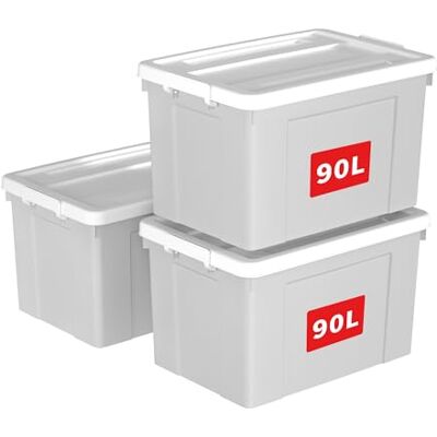 Cetomo 90L x 3 opbergdozen, plastic opbergdoos met deksels, organiserende container met veilige sluitgespen, stapelbaar, nestbaar, draagtas voor thuiskantoorkleding, 90L-3Pack, grijs Cetomo 90L x 3 opbergdozen, plastic opbergdoos met deksels, organiserende container met veilige sluitgespen, stapelbaar, nestbaar, draagtas voor thuiskantoorkleding, 90L-3Pack, grijs