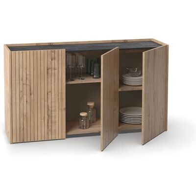 MUEBLES PITARCH Sideboard voor woonkamer, buffet, bijzetmeubel, 3 deuren, zwart en eiken, goud, zeefdrukstrips, 80 x 140 x 40 cm, eetkamer, keuken, kantoor, modern, model Irati MUEBLES PITARCH Sideboard voor woonkamer, buffet, bijzetmeubel, 3 deuren, zwart en eiken, goud, zeefdrukstrips, 80 x 140 x 40 cm, eetkamer, keuken, kantoor, modern, model Irati