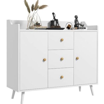 HOMCOM Buffet 2 Deuren 3 Laden, Moderne Stijl, 90x32x80 cm Wit Opbergkast, Massief houten poten, Eetkamer, Keuken, Woonkamer HOMCOM Buffet 2 Deuren 3 Laden, Moderne Stijl, 90x32x80 cm Wit Opbergkast, Massief houten poten, Eetkamer, Keuken, Woonkamer