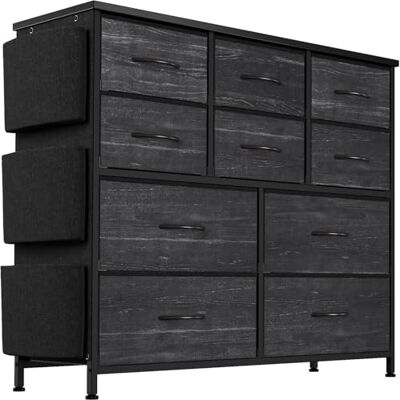 GarveeMore Commodes, metalen frame, commode met 10 laden, van stof, opbergkast met houten bovenkant, 30 x 99 x 89 cm, commode voor slaapkamer, woonkamer, hal, zwart GarveeMore Commodes, metalen frame, commode met 10 laden, van stof, opbergkast met houten bovenkant, 30 x 99 x 89 cm, commode voor slaapkamer, woonkamer, hal, zwart