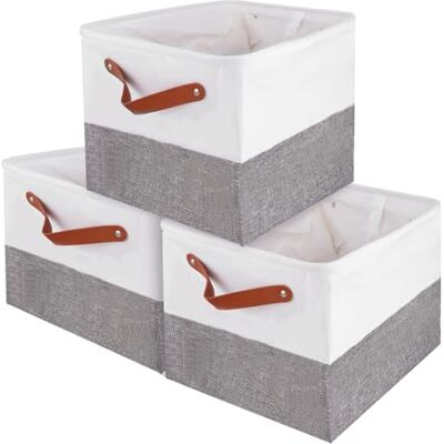 ASelected 3 stuks grote opbergmanden voor planken met lederen handvat, linnen canvas opbergmanden, 43 cm opvouwbare stoffen opbergmanden opbergdozen voor het organiseren van thuis, speelgoed, kantoor, ASelected 3 stuks grote opbergmanden voor planken met lederen handvat, linnen canvas opbergmanden, 43 cm opvouwbare stoffen opbergmanden opbergdozen voor het organiseren van thuis, speelgoed, kantoor,