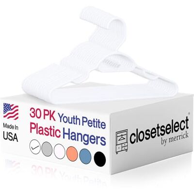closetselect 30 stuks plastic hangers voor kinderkleding, maten 8 tot 14, petite, tieners, preteen, junior, 30 stuks, wit closetselect 30 stuks plastic hangers voor kinderkleding, maten 8 tot 14, petite, tieners, preteen, junior, 30 stuks, wit