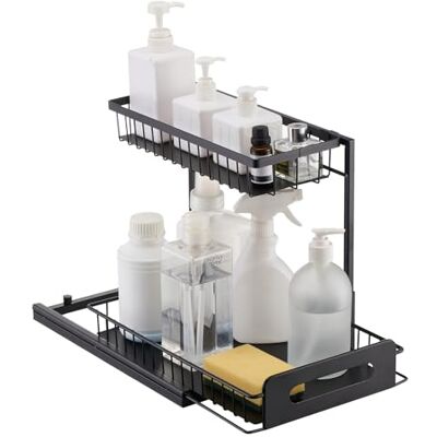VEVOR Uittrekbare kastorganizer met 2 niveaus, organizer en opslag onder de gootsteen, met lade en draadmand voor keukenkast, zwart, 270 x 360 x 280 mm VEVOR Uittrekbare kastorganizer met 2 niveaus, organizer en opslag onder de gootsteen, met lade en draadmand voor keukenkast, zwart, 270 x 360 x 280 mm