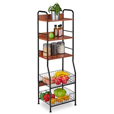 Relaxdays keukenrek, 5 etages, fruit- en groentemand, rekje voor keukengerei, smal opbergrek, metaal & MDF, zwart Relaxdays keukenrek, 5 etages, fruit- en groentemand, rekje voor keukengerei, smal opbergrek, metaal & MDF, zwart