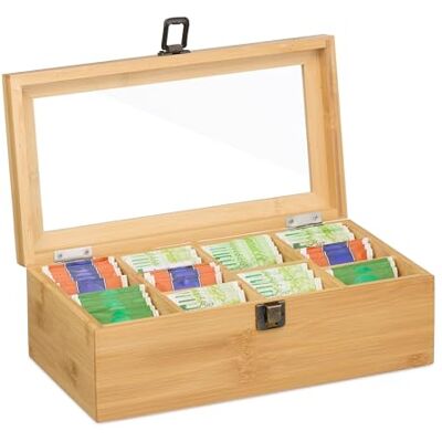 Relaxdays theedoos, 10 vakjes, bamboe, transparante deksel, uitneembare tussenschotjes, HxBxD: 10 x 29,5 x 17 cm, natuur Relaxdays theedoos, 10 vakjes, bamboe, transparante deksel, uitneembare tussenschotjes, HxBxD: 10 x 29,5 x 17 cm, natuur