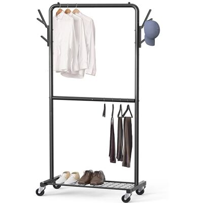 Simple Houseware Dubbele Rod Kledingstuk Rack met Wielen en Haken, Zwart Simple Houseware Dubbele Rod Kledingstuk Rack met Wielen en Haken, Zwart