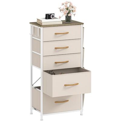 DWVO Smalle ladekast met 5 laden, stoffen lades met zijzakken en haken, gemakkelijk te trekken, stevig stalen frame voor slaapkamer, woonkamer, beige DWVO Smalle ladekast met 5 laden, stoffen lades met zijzakken en haken, gemakkelijk te trekken, stevig stalen frame voor slaapkamer, woonkamer, beige