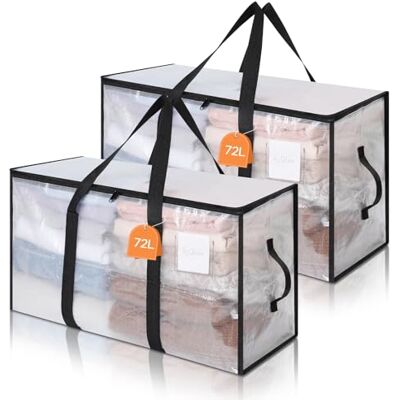 AiQInu 2 stuks verhuiszakken 72 l, transporteerbare verhuisdozen met ritssluitingen en handgrepen, transparant, opbergdozen voor kast, onderbedcommode voor het opbergen van voorwerpen, dekbedden, AiQInu 2 stuks verhuiszakken 72 l, transporteerbare verhuisdozen met ritssluitingen en handgrepen, transparant, opbergdozen voor kast, onderbedcommode voor het opbergen van voorwerpen, dekbedden,