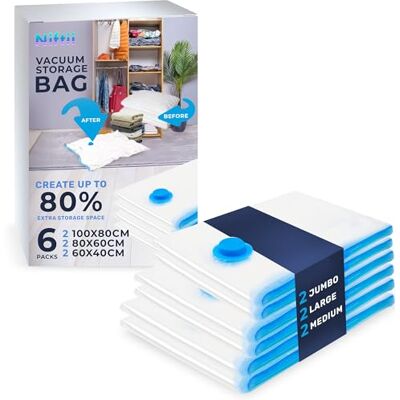 Niftii Set van 6 premium variëteiten vacuümzakken 80% meer ruimte vacuüm opbergzakken voor kleding waterdichte kledingopbergtas met dubbele ritssluiting ideale vacuümzakken voor dekbedden Niftii Set van 6 premium variëteiten vacuümzakken 80% meer ruimte vacuüm opbergzakken voor kleding waterdichte kledingopbergtas met dubbele ritssluiting ideale vacuümzakken voor dekbedden