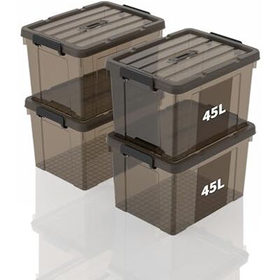 SpaceXpert Opbergdozen, opbergdozen, draagbare kunststof dozen met handvat, stapelbare organisatiedozen voor slaapkamer, kantoor, school, transparant zwart, 45 l (set van 4) SpaceXpert Opbergdozen, opbergdozen, draagbare kunststof dozen met handvat, stapelbare organisatiedozen voor slaapkamer, kantoor, school, transparant zwart, 45 l (set van 4)