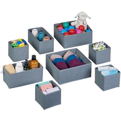 Relaxdays lade organizer, 8-delige ladeverdeler set, 3 groottes, manden voor kledingkast & speelgoed, opvouwbaar, grijs Relaxdays lade organizer, 8-delige ladeverdeler set, 3 groottes, manden voor kledingkast & speelgoed, opvouwbaar, grijs
