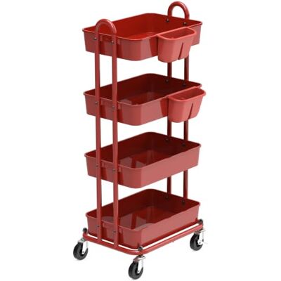 Simple Houseware Multifunctionele trolley met 4 niveaus met hangende manden, rood Simple Houseware Multifunctionele trolley met 4 niveaus met hangende manden, rood