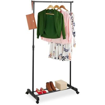 Relaxdays kledingrek op wielen, hoogte verstelbare kledingroede, 94-161 x 75,5 x 42,5 cm, metaal, rolrek kleding, zwart Relaxdays kledingrek op wielen, hoogte verstelbare kledingroede, 94-161 x 75,5 x 42,5 cm, metaal, rolrek kleding, zwart