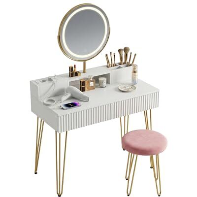 Relaxdays make-uptafel met kruk, spiegel, licht en stopcontacten, 2 lades, 135x80x40 cm, wit/goud Relaxdays make-uptafel met kruk, spiegel, licht en stopcontacten, 2 lades, 135x80x40 cm, wit/goud