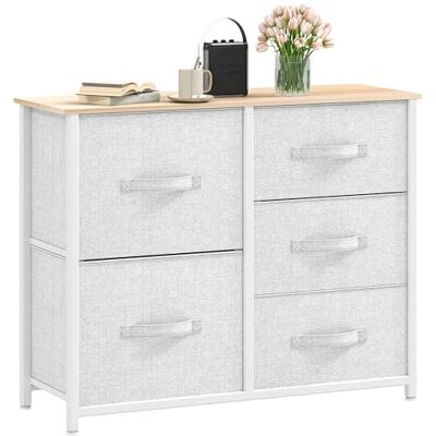 DWVO Ladecommode, stoffen commode slaapkamerkast met 5 laden, dressoir voor slaapkamer, woonkamer met handgrepen, houten bovenkant en stevig stalen frame, lichtgrijs DWVO Ladecommode, stoffen commode slaapkamerkast met 5 laden, dressoir voor slaapkamer, woonkamer met handgrepen, houten bovenkant en stevig stalen frame, lichtgrijs