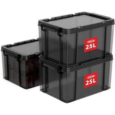 Cetomo 25 x 3 opbergdozen, stapelbare opbergdoos met deksels, zware container met deksel met versterkte hoeken, verticale zijden en clipsluiting, duurzaam, kunststof, helder zwart, 25 l, 3 stuks Cetomo 25 x 3 opbergdozen, stapelbare opbergdoos met deksels, zware container met deksel met versterkte hoeken, verticale zijden en clipsluiting, duurzaam, kunststof, helder zwart, 25 l, 3 stuks