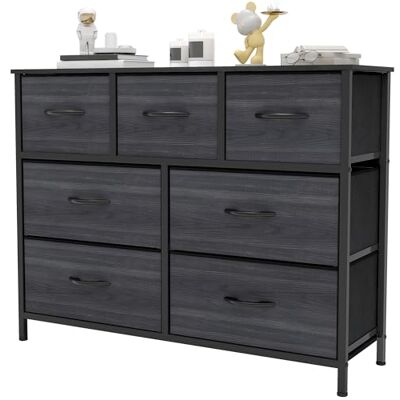 YITAHOME Brede ladekast met 7 laden, stoffen dressoirs met gemakkelijk trekhandvat, stevig stalen frame, opbergladen voor slaapkamer, kast, houtskoolzwarte houtnerf YITAHOME Brede ladekast met 7 laden, stoffen dressoirs met gemakkelijk trekhandvat, stevig stalen frame, opbergladen voor slaapkamer, kast, houtskoolzwarte houtnerf