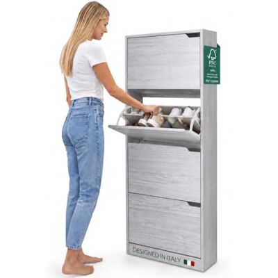 BAKAJI Schoenenrek van MDF-hout met 4 deuren voor schoenen, intrekbare handgrepen, dubbele diepte, compact formaat, slank, 63 x 24 x 150 cm, ruimtebesparend, entreehuis (grijs) BAKAJI Schoenenrek van MDF-hout met 4 deuren voor schoenen, intrekbare handgrepen, dubbele diepte, compact formaat, slank, 63 x 24 x 150 cm, ruimtebesparend, entreehuis (grijs)