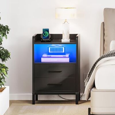 YITAHOME Nachtkastje met laadstation, nachtkastje zwart met led en stopcontact, nachtkastje met 2 laden en 1 vak nachtstand, bijzettafel, voor woonkamer, slaapkamer YITAHOME Nachtkastje met laadstation, nachtkastje zwart met led en stopcontact, nachtkastje met 2 laden en 1 vak nachtstand, bijzettafel, voor woonkamer, slaapkamer