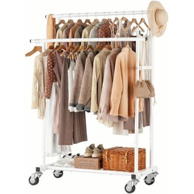 Calmootey Kledingrek met dubbele stang, rollend hangend kledingrek, draagbare kledingorganizer voor slaapkamer, woonkamer, kledingwinkel, wit Calmootey Kledingrek met dubbele stang, rollend hangend kledingrek, draagbare kledingorganizer voor slaapkamer, woonkamer, kledingwinkel, wit