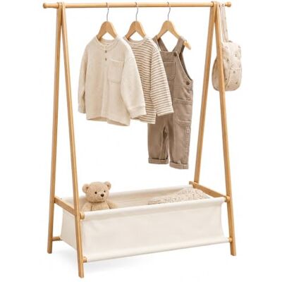 Relaxdays kindergarderobe, bamboe, HxBxD 106 x 86 x 36 cm, stoffen mand, kledingstang, naturel/wit Relaxdays kindergarderobe, bamboe, HxBxD 106 x 86 x 36 cm, stoffen mand, kledingstang, naturel/wit