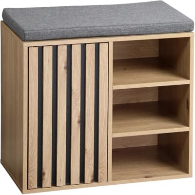Kesper schoenenkast met zitkussen, materiaal: FSC®-gecertificeerde spaanplaat (FSC® C014021), met deur, variabele vakindeling, kleur: Sonoma eiken, grijs Afmetingen: B 51,5 x H 48 x D 29,5 cm Kesper schoenenkast met zitkussen, materiaal: FSC®-gecertificeerde spaanplaat (FSC® C014021), met deur, variabele vakindeling, kleur: Sonoma eiken, grijs Afmetingen: B 51,5 x H 48 x D 29,5 cm