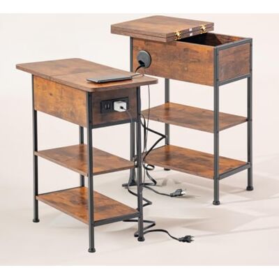 FurnitureR 2 stuks vintage industrieel nachtkastje, opbergdoos en opvouwbaar dienblad, nachtkastje met oplaadstation/2 stopcontacten en 2 USB, groot open rek met 2 niveaus, 60 x 30 x 60 cm FurnitureR 2 stuks vintage industrieel nachtkastje, opbergdoos en opvouwbaar dienblad, nachtkastje met oplaadstation/2 stopcontacten en 2 USB, groot open rek met 2 niveaus, 60 x 30 x 60 cm