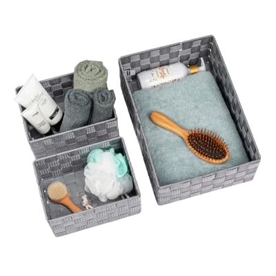 Avilia Set van 3 opbergmanden voor badkamer, set van opbergmanden voor woonkamer, in verschillende maten, polypropyleen, 13 x 9 x 13 cm, 26 x 9 x 13 cm, 28 x 10 x 28 cm, grijs Avilia Set van 3 opbergmanden voor badkamer, set van opbergmanden voor woonkamer, in verschillende maten, polypropyleen, 13 x 9 x 13 cm, 26 x 9 x 13 cm, 28 x 10 x 28 cm, grijs