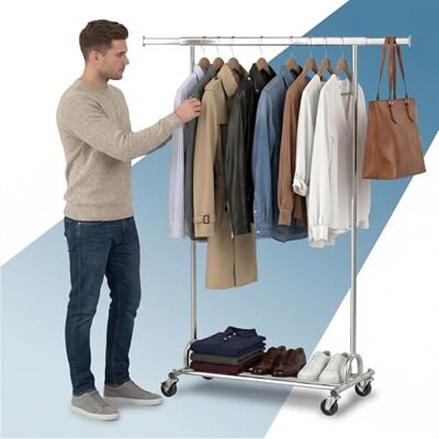 PORTENTUM Heavy duty kledingstang uitschuifbaar met wielen en remmen, belastbaar tot 180 kg, kledingrek, stalen frame, 45 x 92-132 x 161,5 cm, met onderste legplank, snelle montage PORTENTUM Heavy duty kledingstang uitschuifbaar met wielen en remmen, belastbaar tot 180 kg, kledingrek, stalen frame, 45 x 92-132 x 161,5 cm, met onderste legplank, snelle montage